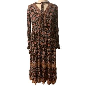 Knox Rose Floral Long Sleeve Dress Large Neck Tie Fall Boho Western